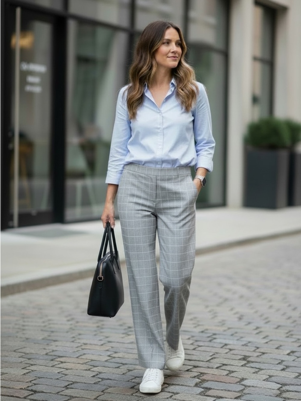Amanda & Chelsea Gray Windowpane Wide-Leg Trousers